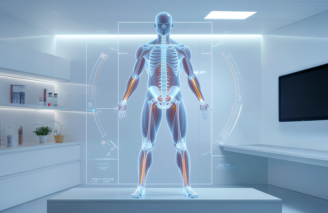 Körper einer männlichen Person wird transparent dargestellt und das Skelett hervorgehoben